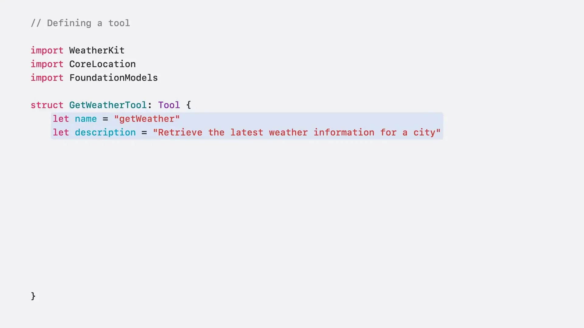Code example defining a weather tool conforming to Tool protocol