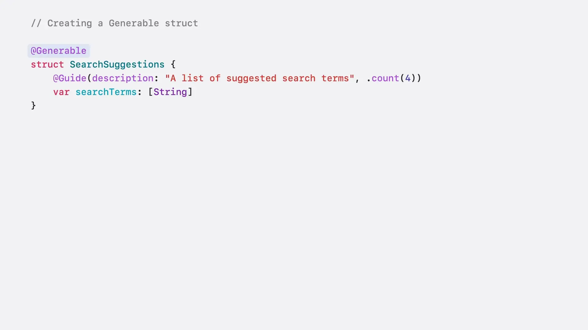 Guided generation example showing structured Swift output