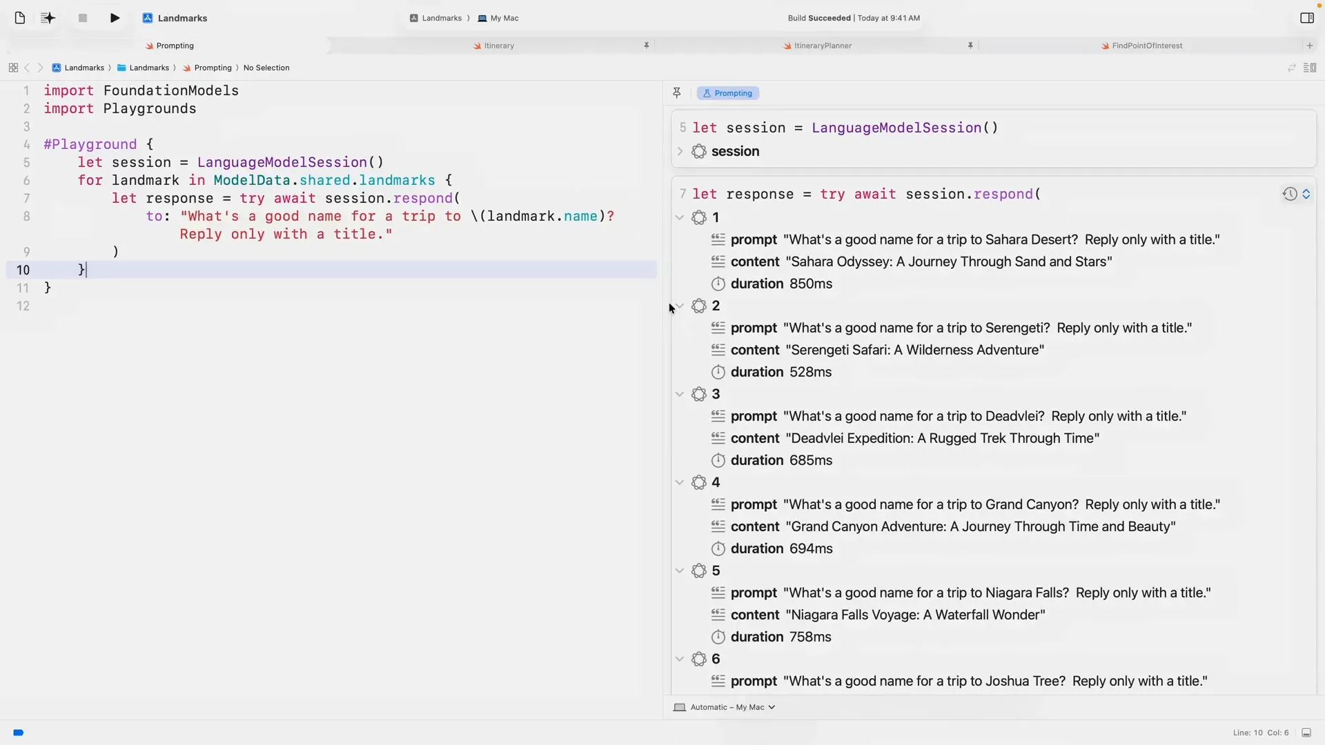 Code snippet demonstrating prompting the on-device model in Xcode playground